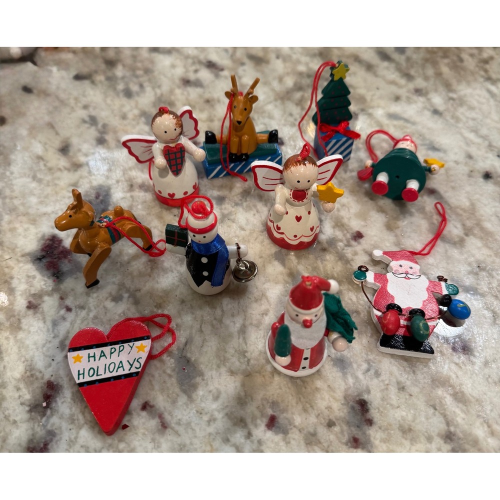 Vintage Hand Painted Wooden Christmas Ornaments Lot Santa Angel Snowman 10pc